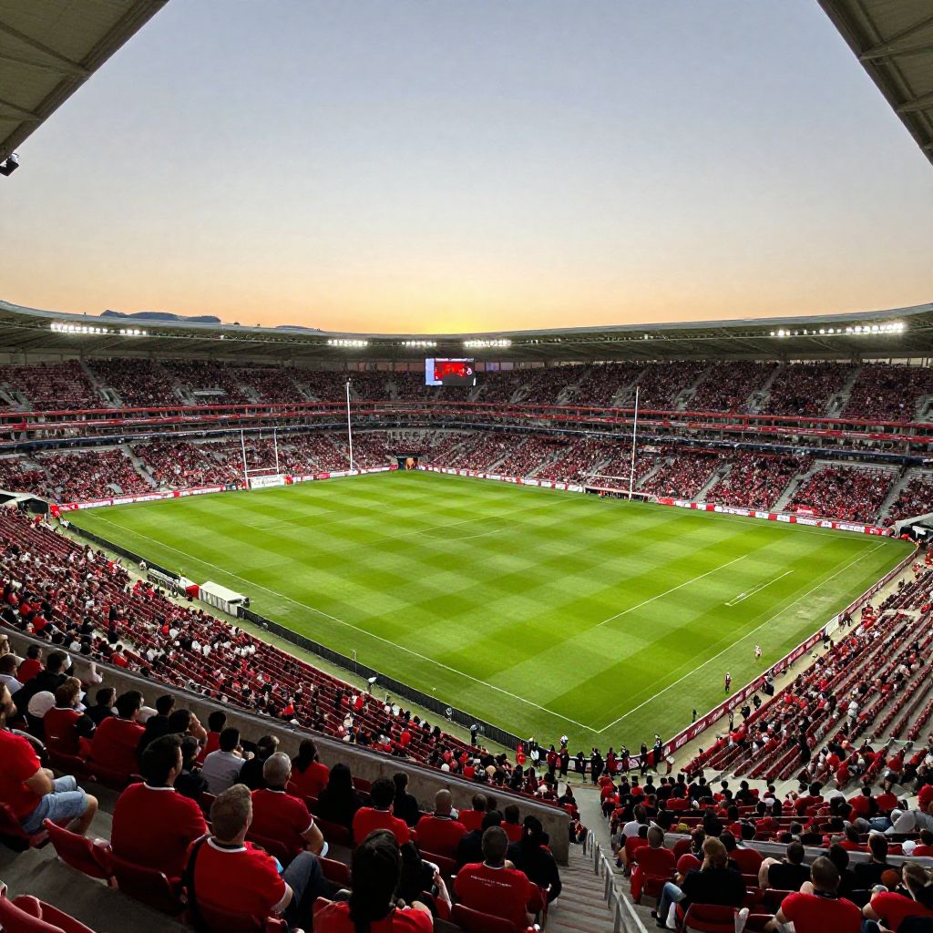 Tribune du stade Ernest-Wallon pleine de supporters rouges et noirs du Stade Toulousain