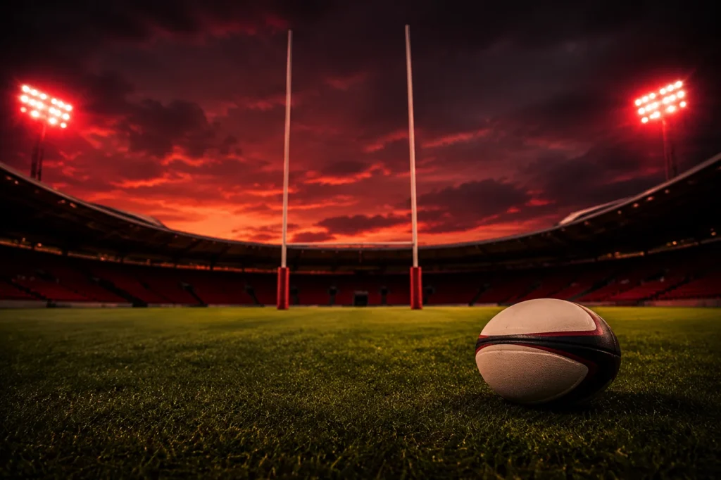 Poteaux de rugby et ballon ovale au crépuscule, ambiance rouge et noir du Stade Toulousain