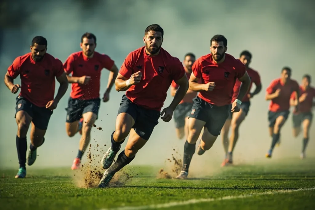 Joueurs du Stade Toulousain en maillot rouge et noir a l entrainement