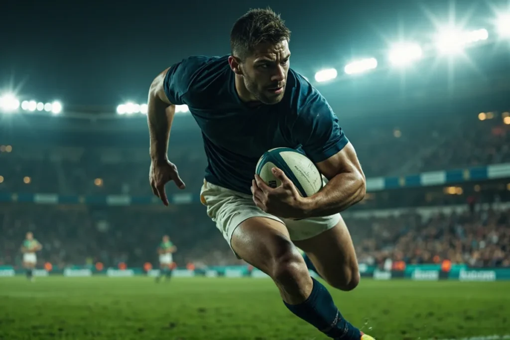 Trois-quarts centre de rugby a la percee balle en main lors d un match