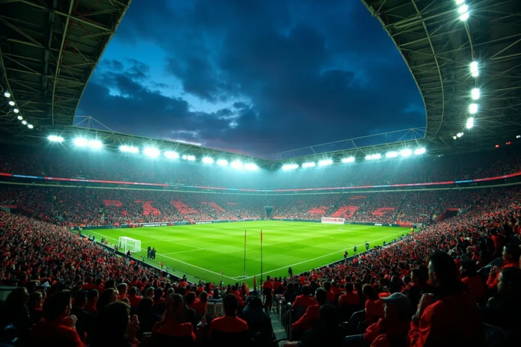 Tribunes du stade Ernest-Wallon de Toulouse un soir de match, ambiance rouge et noir