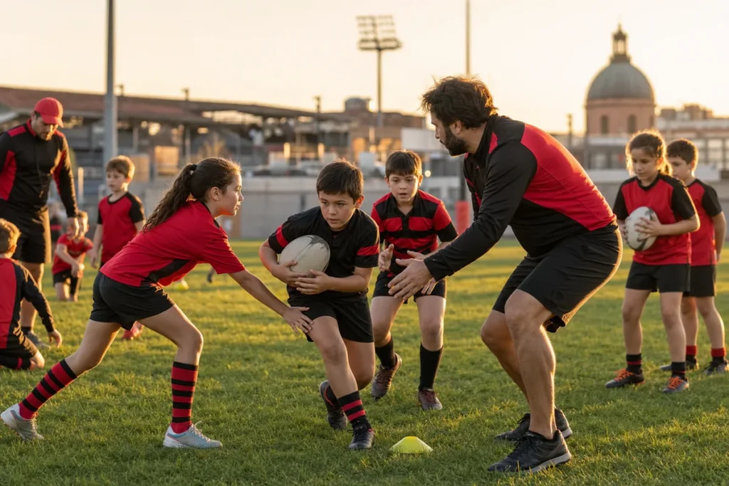 Young rugby players and coaches training together on a Toulouse rugby field in red and black colors.