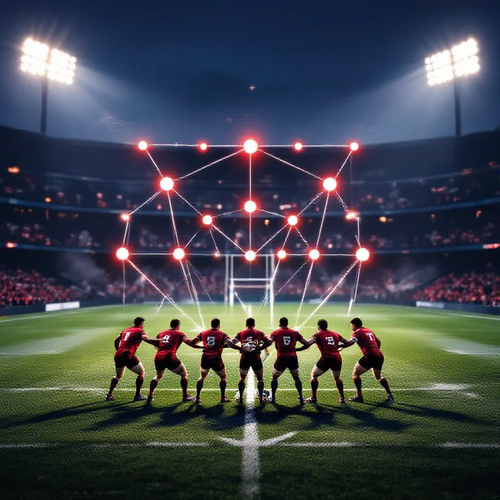 Abstract tactical view of a rugby field at night with glowing red position markers arranged in a strategic formation, represe